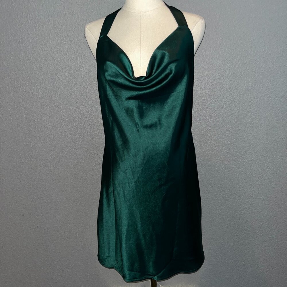 CANTON WALKER Emerald Green Satin Halter Backless Back Bow Mini Slip Dress - M